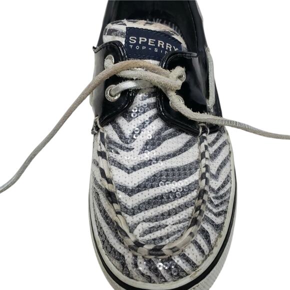 Sperry Sequin Animal Print Boat Shoes Size6 Patent Leather Lace up Black White - Picture 6 of 8